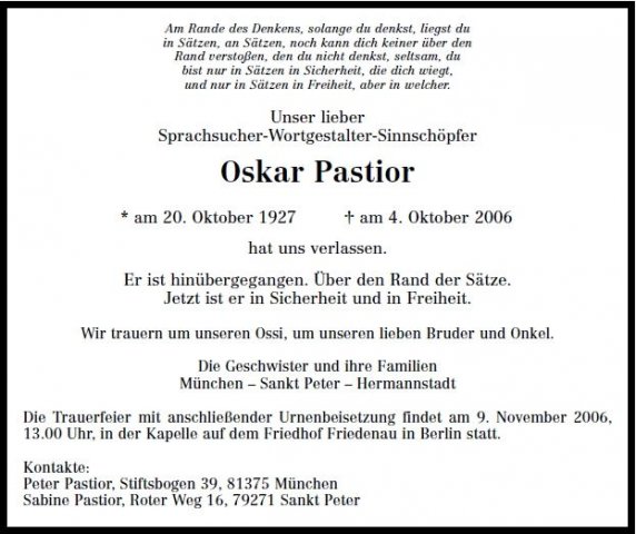 Pastior Oskar 1927-2006 Todesanzeige